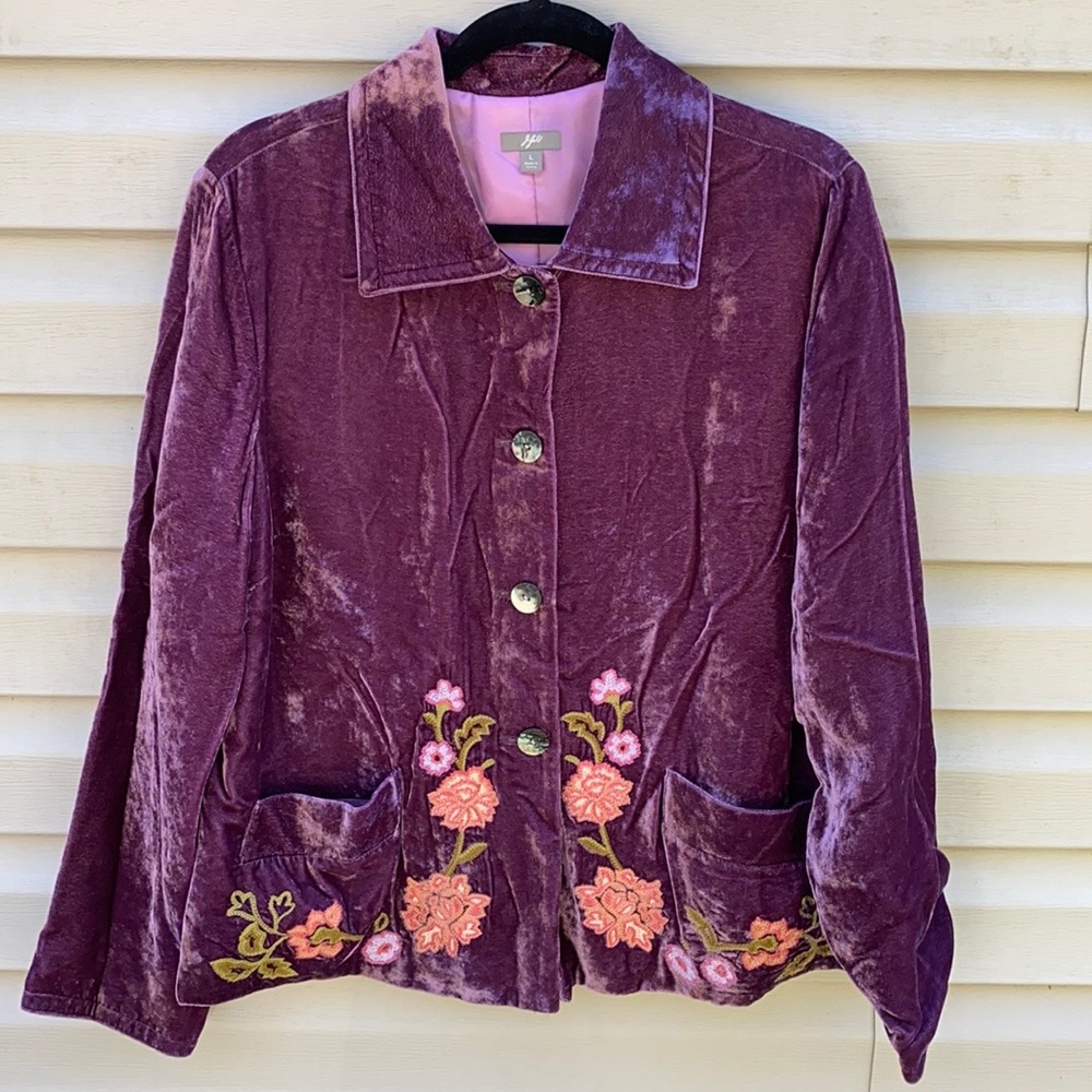 J. Jill | Purple Embroidered Floral Velvet Button Down Jacket Blazer size Large